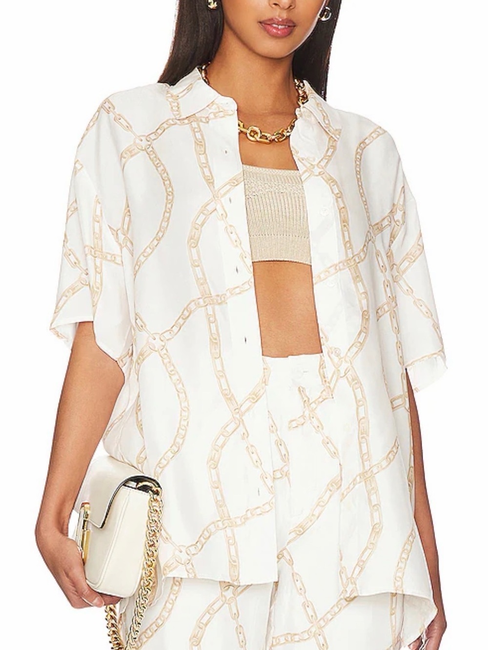 Anine Bing Valo Shirt XS Cream Tan Chain Link Print Oversized Cupro Viscose
